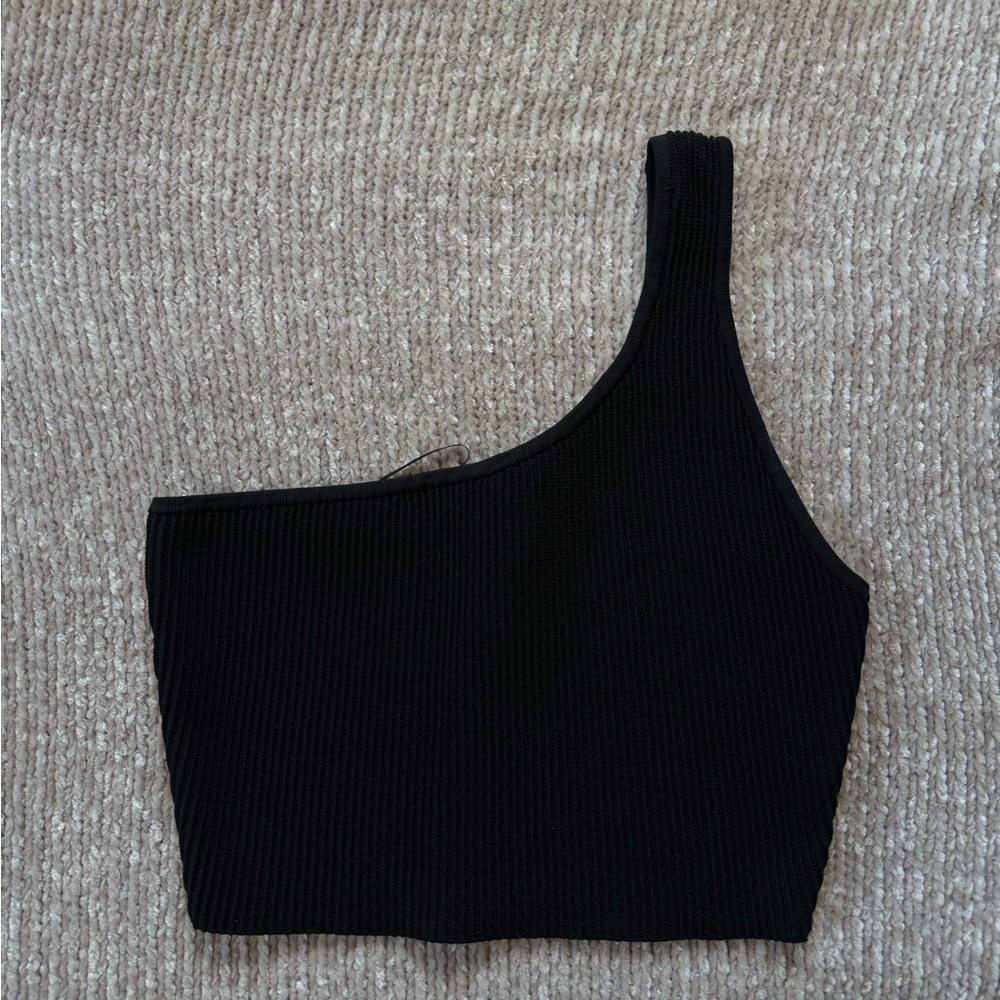Aritzia Black Ribbed One-Shoulder Crop Top